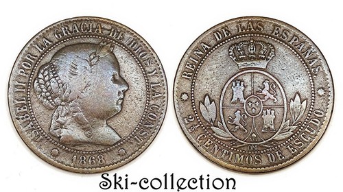 2,5 Centimos. Escudo 1868 Om. Isabel II° . Spain/España. Cobre/Copper Engine