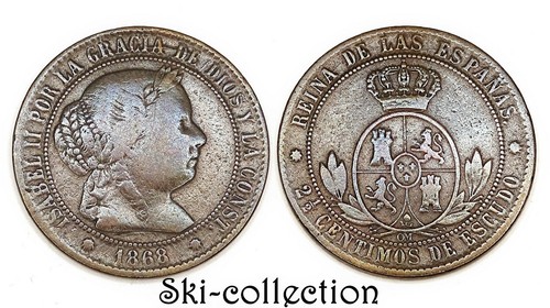 2,5 Centimos von Escudo 1868 om. Isabel II° . Hiszpania / España. Cobre / miedź - Zdjęcie 1 z 1