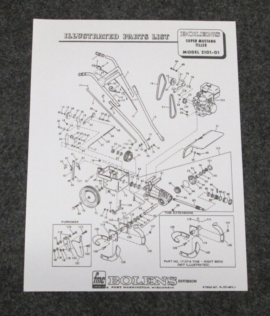 FMC BOLENS SUPER MUSTANG TILLER 2101 01 ILLUSTRATED PARTS LIST MANUAL