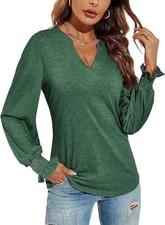 Womens Long Sleeve Casual V-Neck T-Shirts Loose Puff Sleeve Green