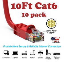 10Ft CAT6 Ethernet Cable Lan Network CAT6 Internet Modem RJ45 Patch Cord Red