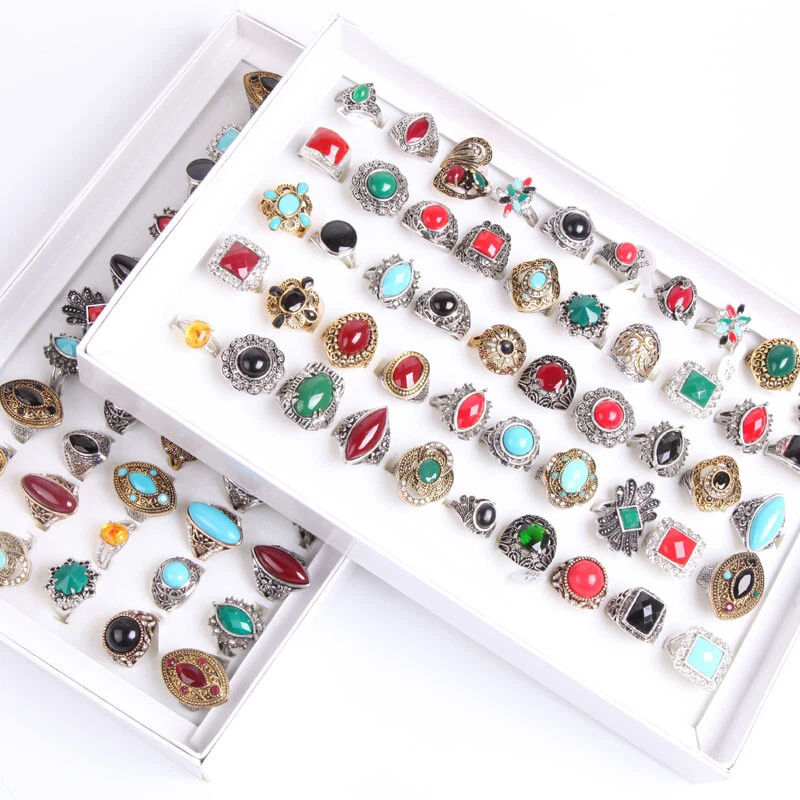 wholesale bulk lot 50pcs mix styles metal alloy jewelry rings with a display box - Imagem 4 de 4