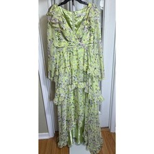 Mac Duggal Women Green Pink 8 Floral Chiffon Tiered Asymmetrical Formal Gown
