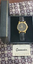 Genevex Diamond Quartz Watch Gold Tone Black Dial Leather Band New Batt.