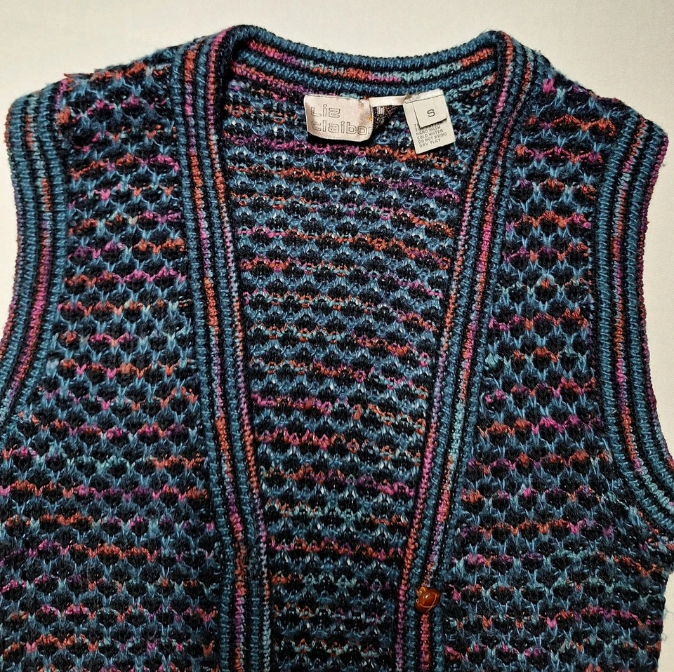 Chaleco Liz Claiborne Vintage Años 80 90 Retro Abotonado Multicolor Tejido Pequeño Foto 4 de 4