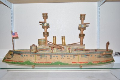 Bliss, Reed, Marklin, Bing, Carette, All Original Paper, Wood Gun Boat Circ 1890
