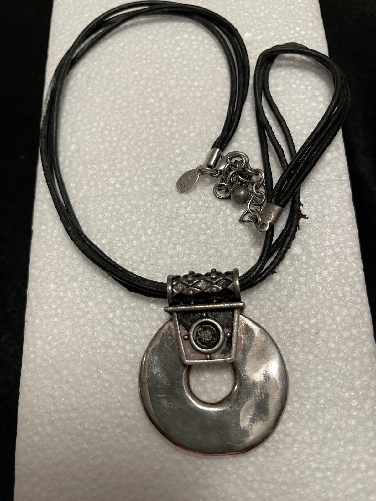 Chico's Pendant Necklace Silver Tone Medallion Style On Black Cord 17 to 20 In