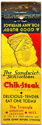 1934 The Triangle Restaurant Chik Steak Matchbook Cover Mississippi Jackson