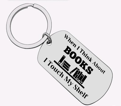 Engraved Bookshelf Quote Metal Keychain Silver Tone Book-Themed Novelty
