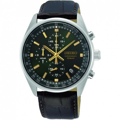 Seiko Herrenuhr SSB385P1 Armbanduhr Chronograph Uhr Chrono Silber Leder Grün