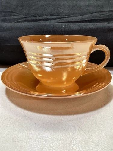 Vintage Fire King Oven Ware Laurel Peach Luster Tea Cup & Saucer Excellent Cond