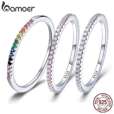 Bamoer 925 Sterling Silver Cz Stackable Rings Gold Plated Eternity Bands