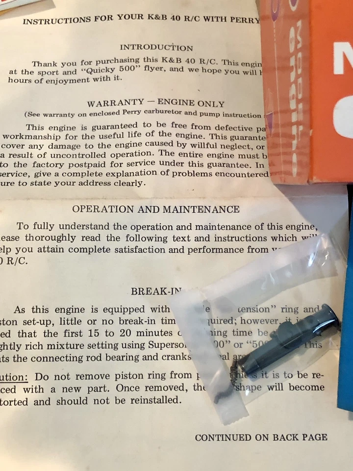 1975 Vintage K & B 35 Series 75 Control Line Model Engine Box ONLY & Parts Paper - Image 2 of 4