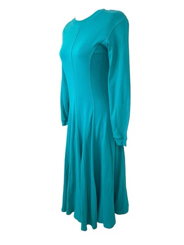 Vtg Midi Dress Teal Sz L Runs Med Full Skirt Knit Modest Deanna Troi Cosplay 90s - Picture 4 of 12