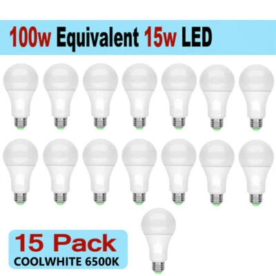 15 LED Light Bulbs 15W / 100W Replacement Daylight 6500K A19 E26 Lamp Cool White