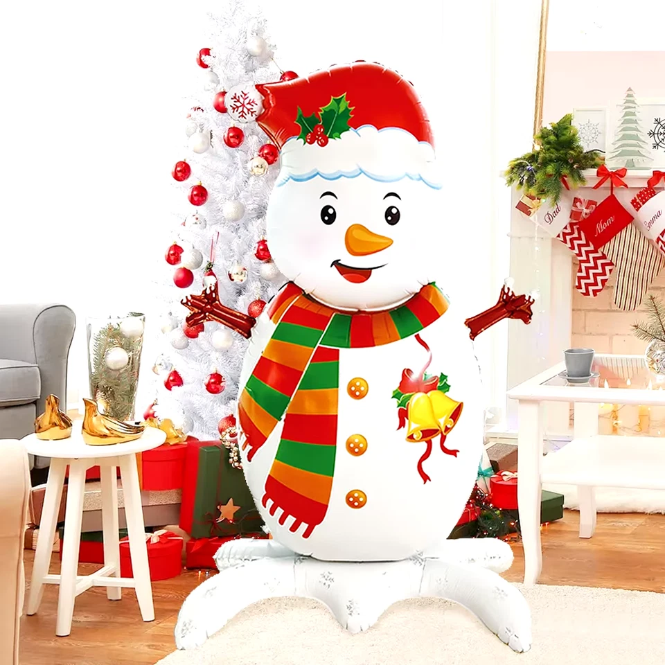Muñeco de nieve de Navidad de 50 pulgadas globo de papel aluminio de pie con copo de nieve sombrero rojo Foto 3 de 4