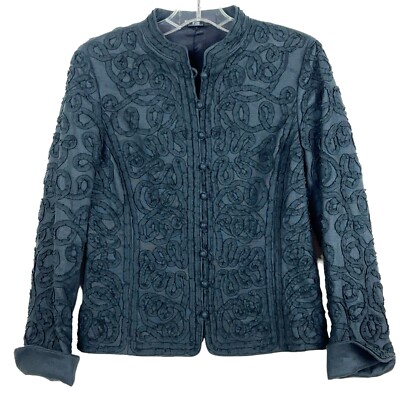 Ellen Tracy Women Blazer Jacket Linen Embroidered Textured Mandarin Collar Sz 0