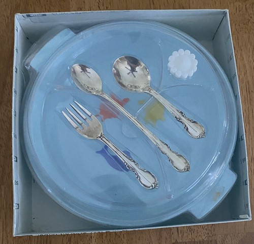 1847 Rogers Bros Silver Fork & Spoons with Vintage Baby Hot Water Dish NIB