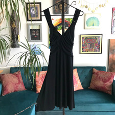 BEBE size M Black Stretch Jersey Pleated Bust Sequin Y2K Vintage Cocktail Dress