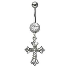 14G Surgical Steel Gothic Fancy Cross Paved Gem Dangle Belly Button Navel Ring