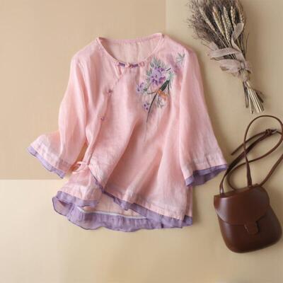 Ethnic Women's Floral Embroidered Tops Cotton Tang Suit Thin Short Shirt Summer