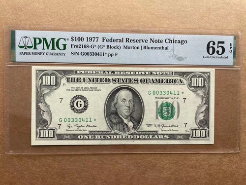 1977 $100 Federal Reserve Note Fr#2168-G* PMG65EPQ top pop 1/0