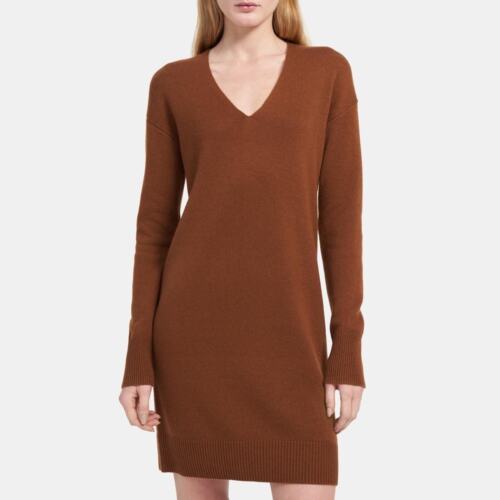 Theory Luxurious 100% Cashmere V-Neck Long Sleeve Sweater Dress Brown Size Sm