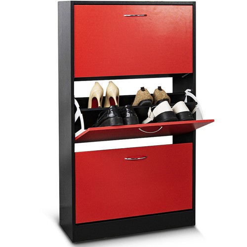 Scarpiera 3 Ante Ripiani Doppia Profondità con Maniglia Rosso e Nero 63x24x115cm - Foto 4 di 9