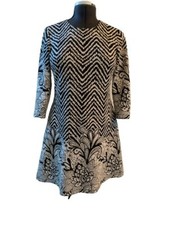 MSK Black White Chevron Paisley Shift Dress 3/4 Sleeve Back Zip Detail Sm
