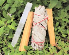 Cleansing Kit: 5" Selenite, 2 Palo Santo  1 White Sage Smudge Stick, Directions
