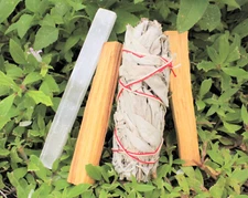 Cleansing Kit: 5" Selenite, 2 Palo Santo & 1 White Sage Smudge Stick, Directions
