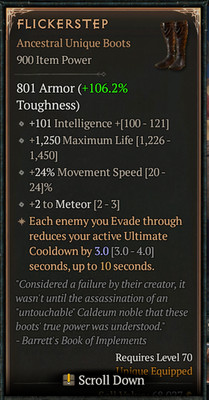   DIABLO 4 SEASON 13   Flickerstep   Ancestral Unique Boots   0-4 GA