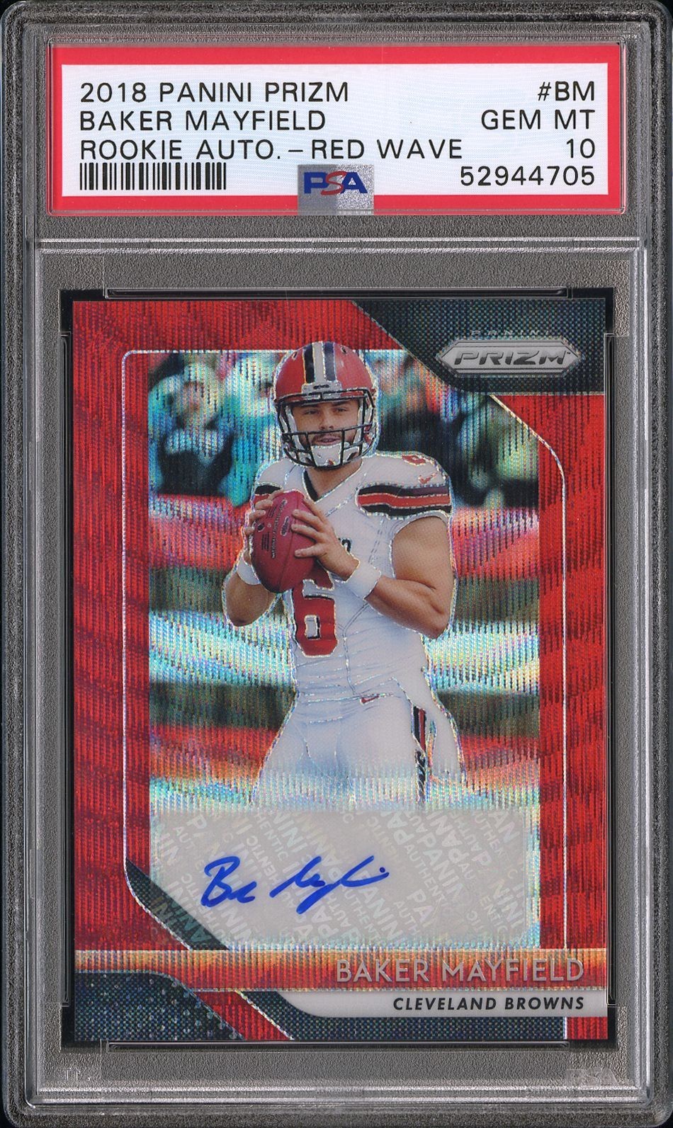 2018 Panini Prizm Baker Mayfield Rookie RC Red Wave /199 Auto PSA 10 Gem MT