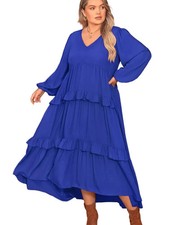 Plus Size Flowy Dress Royal Blue Balloon Long Sleeve Ruffle Tiered Women’s S-4XL