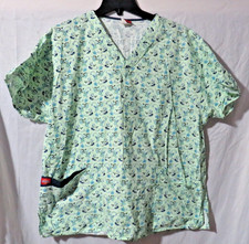 Dickies Scrub Top Size XL Green Flowers V-Neck Pockets
