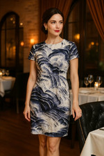 NWOT CAROLINA HERRERA Sheath Dress 12 White Blue Marbled Waves Short Sleeves
