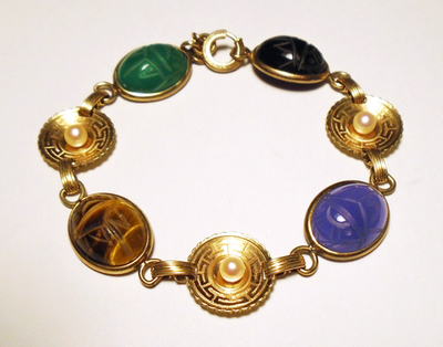 All Blued ROUND BRACELET CARVED（GOLD） ART DECO Carved GEMSTONE SCARAB/Cultured PEARL Gold Filled CHAIN