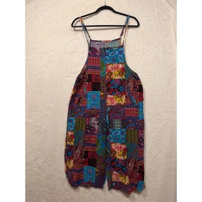 Boho Patchwork Cotton Overalls Multicolor Paisley Print Wide Leg Jumpsuit Medium