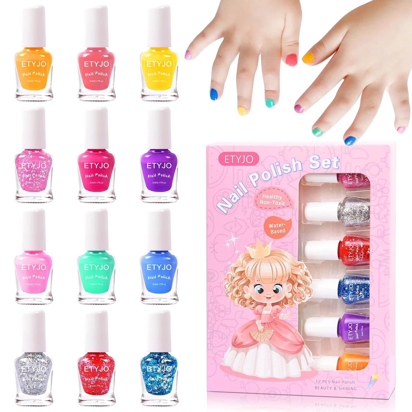 Kids Nail Polish Non-Toxic 12 Colours Glitter for Girls, Quick Dry Pee...