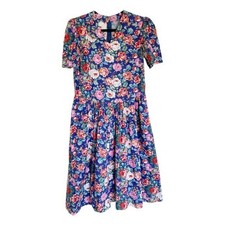 Vintage Handmade Women's M Floral Print Blue Midi Dress Side Pockets Feminine