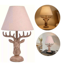 Hestia Rustic Wood Stag Head Bedside LED Table Lamp with Natural Coolie Shade