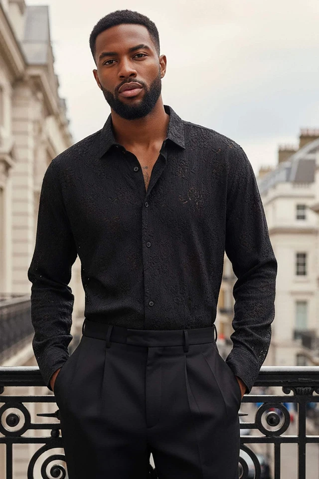 Camisas de manga larga transparentes elásticas transparentes de encaje BARABAS para hombre 3B25 Foto 3 de 4