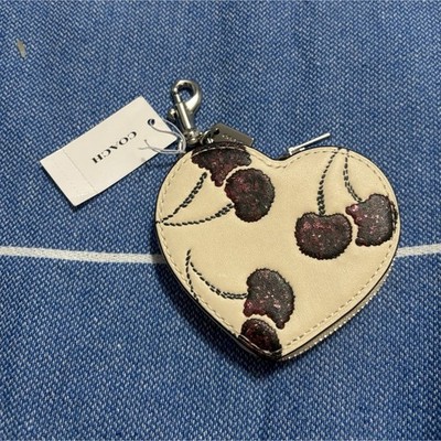 Coach Heart Floral Leather Zippered Key Chain Bag Charm Keychain Ivory