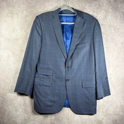 Tom James Blazer Sportcoat Men 42 Blue Windowpane Plaid Two-Button Long Sleeves 