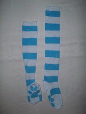 Tween girls striped over the knee socks with paw print soles blue  white nip