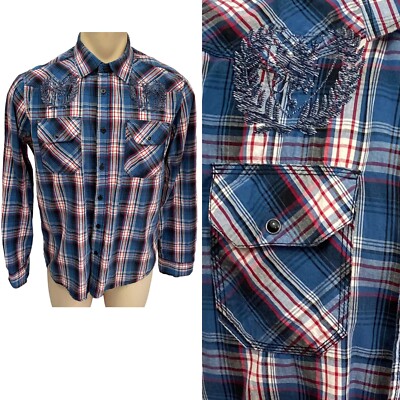 Eighty Eight Platinum Shirt Mens Large Snap Up Pockets Blue Plaid Long Sleeve