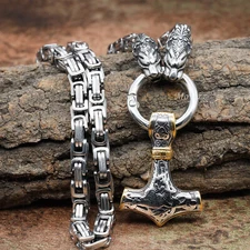 25 Inch Mens 3D Gold Heavy Stainless Steel Thors Hammer Pendant Necklace Chain