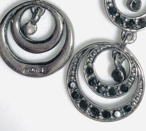 VTG DANGLE EARRINGS SIGNED MONET PIERCED BLACK FACETED RHINESTONEs SILVER PLATE - Picture 6 of 8