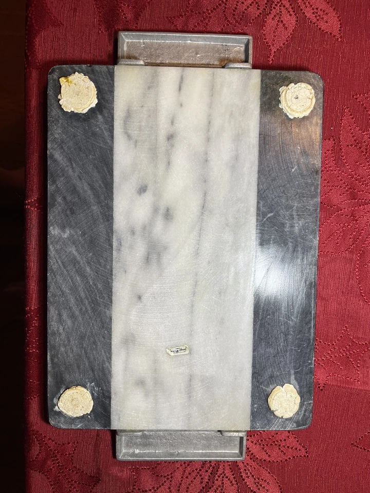 MCM Mid Century George Briard losa de mármol tabla de queso asas de peltre Foto 4 de 4