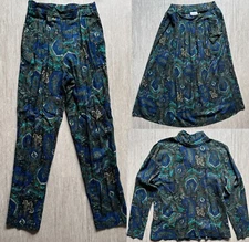 Vintage 80s Garland Women's 3-Piece Set Sz 10 – Paisley Top Skirt & Pants Rayon